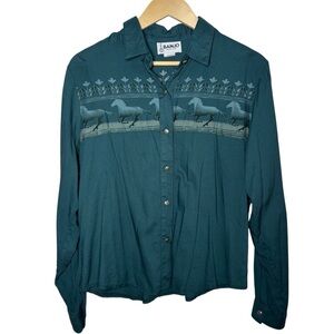 Banjo Dallas Texas Button Up Shirt Women Large Western Horse Long Sleeve Cowgirl